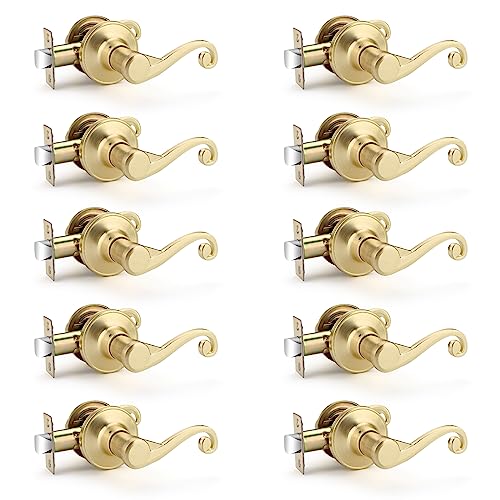 Bonpoly 10 Pack Gold Door Handles, Wave Style Door Lever Passage Door Handle for Hallway and Closet, Keyless Interior Door Levers in Satin Brass Finish, Right Handing