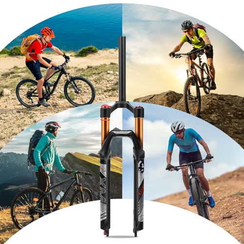 【AU STOCK】26/27.5/29 Air MTB Suspension Fork, Rebound Adjust Straight Tube 28.6mm QR 9mm Travel 120mm Manual/Crown Lockout Mountain Bike Forks, Ultralight Gas Shock XC Bicycle (Black Gold, 26)