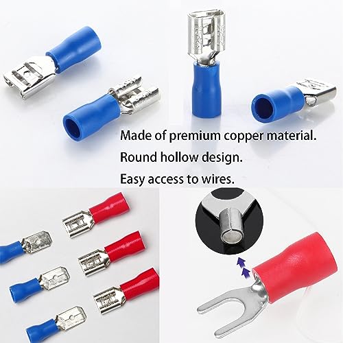 Feggizuli 280PCS Crimp Connectors, 2.8mm 4.8mm 6.3mm Male and Female Spade Connector kit, 15 Types Crimp Terminals Electrical Connectors, Electrical Terminals Includes Spade Ring Fork Wire Connectors