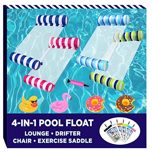 【4 Pack】 Inflatable Swimming Pool Float for Adult , 4-in-1 Multi-Purpose Pool Hammock(Hammock,Saddle,Drifter,Lounge Chair),Summer Pool Chair,Portable Water Hammock Lounge(Navy+Pink+Blue+Green)