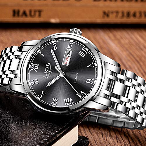 LIGE Watch for Men Fashion Elegant Analog Quartz Watch for Male Casual Waterproof Silver Stainless Steel Calendar Luxury Business Gents Dress Wristwatch Black Round Dial