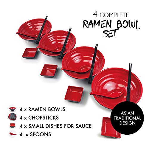 Goliber Japanese Ramen Bowl Set of 4 Includes Melamine Ramen Bowls and Chopsticks Spoons & Sauce Dish - Miso Soup Bowls - Pho Bowls - Japanese Bowl - Asian Bowls - Ramen Bowl 16pcs Set