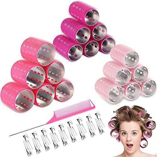 37 Pcs Aluminum Thermal Hair Rollers Set 3 Sizes Self Grip Hair Rollers 18 Pcs Duckbill Hair Clips, Comb Hairdressing Styling Tool, Random Color for Women, Men (Pink Series, 1.1'', 1.57'', 1.97'')