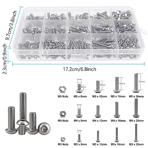 POATOW M3 M4 M5 500pc 304 Stainless Steel Hex Socket Button Head Bolts Screws Nuts Kit - Allen Hex Drives - Button Head Cap Screws- Storage Box