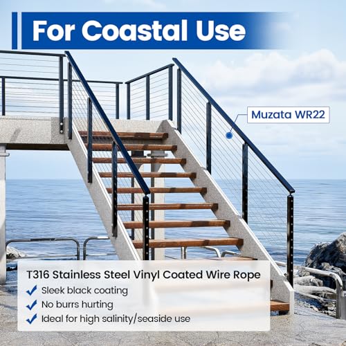 MUZATA 300ft 1/8" Black Vinyl Coated T316 Stainless Steel Cable Wire Rope 1/8" Overmolded to 3/16" for 1/8" Indoor Outdoor Cable Railing Kit Hanging WR22