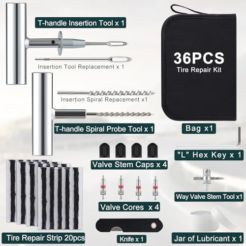 Universal Tire Repair Kit, 37PCS Tire Repair Tools, Heavy Duty Car Emergency Tool Kit for Flat Tire Puncture Repair, Tire Plug Kit Fit for Car, Motorcycle, Jeep, RV, ATV, SUV, Truck, Lawn Mower, etc.