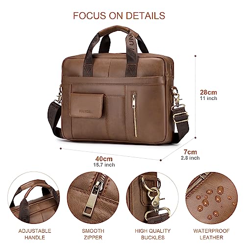 SPAHER Mens Leather Laptop Bag Briefcases for Men 14 Inch Leather Briefcase Business Work Laptop Handbag Shoulder Bag Messenger Bag with Removable Strap