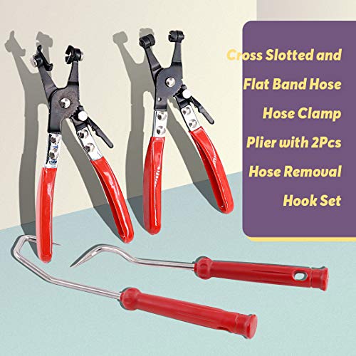 Swpeet 4Pcs Hose Clamp Plier Set, Including 2Pcs Cross Slotted and Flat Band Hose Hose Clamp Plier with 2Pcs Hose Removal Hook Set Perfect for Hose Installations of Low Radiators