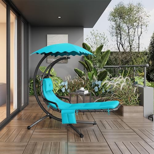 Yaheetech Outdoor Hanging Chaise Lounge Chair Hammock Chair w/Built-in Pillow and Removable Canopy for Patio Backyard Deck Garden - Teal