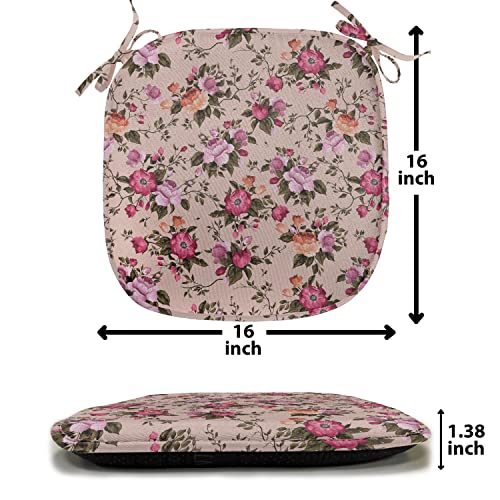 Ambesonne Flower Chair Seating Cushion Set of 6, Floral Pattern with Roses Twig Warm Colors Flower Arrangement Bouquets, Seat Pads for Office with Anti-Slip Backing, 16"x16", Green Pink