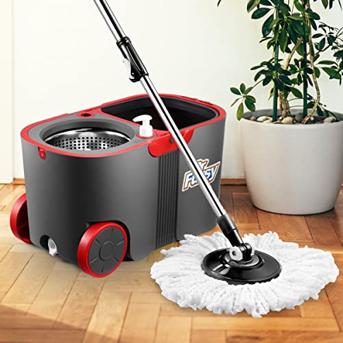 360° Spin Mop Bucket Set Rotating Mop 4 Microfiber Mop Heads Bucket with Wheels Dark Grey & Red Rotating Wet Dry Cleaning Tools