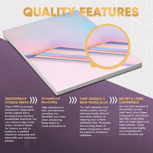 Avarrix Australia Printable Vinyl Sticker Paper for Inkjet & Laser Printers, Holographic Glossy, 20 Sheets, Waterproof Sticker Paper, Printable Vinyl Sheets, Quick-Dry Vibrant Colours, A4 Size