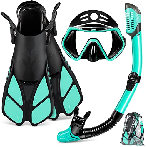 ZEEPORTE Mask Fin Snorkel Set with Adult Snorkeling Gear, Panoramic View Diving Mask, Trek Fin, Dry Top Snorkel +Travel Bags, Diving Package for Lap Swimming