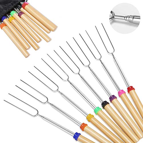 Marshmallow Roasting Sticks with Wooden Handle Extendable Forks Set of 8Pcs 32Inch Telescoping Marshmallow Skewers Campfire Stove BBQ Tools