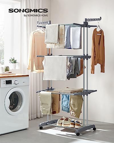 SONGMICS Clothes Drying Rack Stand 4-Tier, Foldable Laundry Drying Rack 67.7-Inch Tall, Stainless Steel, Rolling Clothes Horses Dryer Rack, Easy to Assemble, Indoor Outdoor Use, Gray ULLR701G01