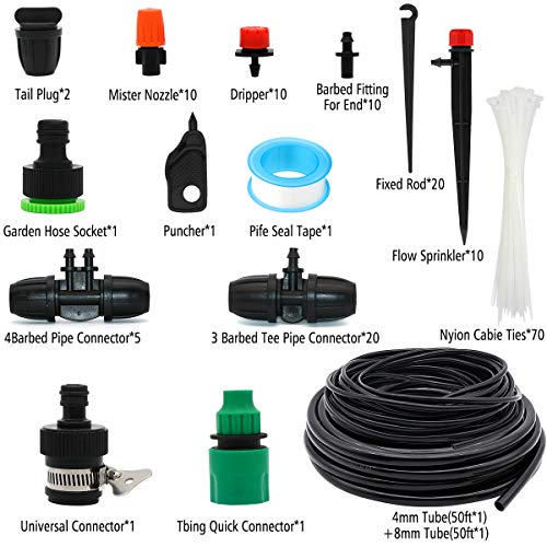 PETUOL Drip Irrigation Kits, 100ft/30M Father Day Garden Plant Watering Sprinkler System with Distribution Tubing Hose Adjustable Nozzles, Automatic Mist Cooling Irrigation Set for Garden Lawn, Patio