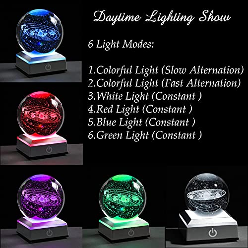 Qianwei 3D Solar System Crystal Ball 80mm 3.15" Laser Engraved Hologram with Sliver Led Lamp Stand, Galaxy Glass Ball, 4 Colors Light, Planets Sphere,Home Office Decor…