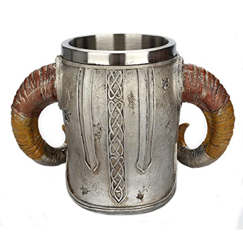 ZNZNANG Viking Warrior Skull Mug , Medieval Skull Drinkware Mug Stainless Steel Liner ,Unique Gifts for Men's Father's Da（550ml/19oz）