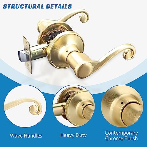 Bonpoly 10 Pack Gold Door Handles, Wave Style Door Lever Passage Door Handle for Hallway and Closet, Keyless Interior Door Levers in Satin Brass Finish, Right Handing