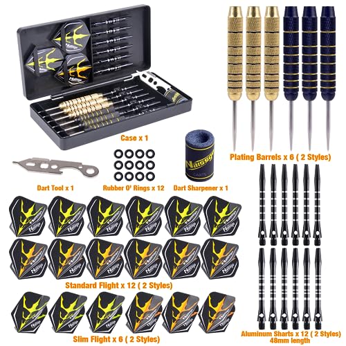 Steel Tip Darts Set 20g -12 Aluminum Shafts with O’Rings, Professional Darts with 12 Standard Flights+6 Slim Flights+Dart Tool+Sharpener, Dart Set for Home, Party