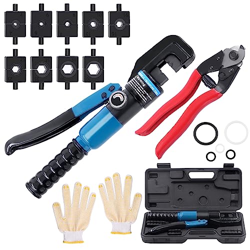 Swpeet 10 Ton Hydraulic Hand Crimper Tool with Stainless Steel Up to 5/32" Cable Cutter and 9 Sets Crimping Dies Assortment Kit, Cable Railing Fittings for 1/8" 3/16" Cable Hydraulic Crimping Tool