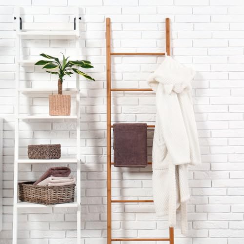 Clevinger 6-Tier Bamboo Freestanding Rack Towel Ladder Blanket Ladder, Farmhouse Blanket Holder,Wall Leaning Ladder Shelf, Decorative Quilt Stand for Living Room, Bathroom, Bedroom (6-Step Towel Rack)