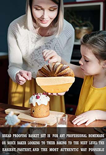 Mofish Sourdough Bread Proofing basket SET of 2 with Starter Kit-Round and Ovel Bread Baking Bowl Tools and Supplies Bakers -Bread Lame- Dough Scraper- Dough Whisk with Cloth Liner
