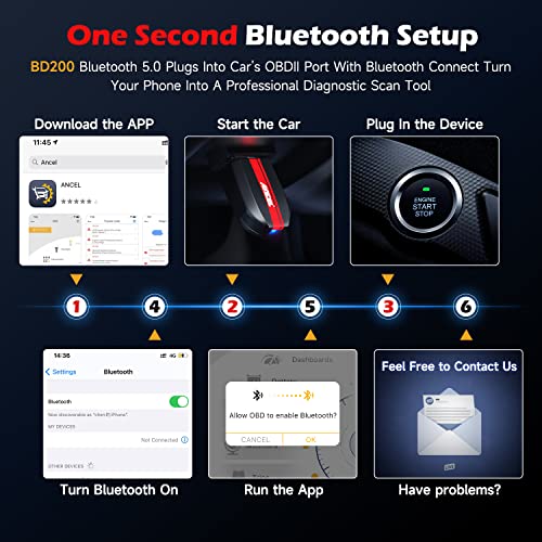 ANCEL BD200 Bluetooth 5.0 OBD2 Scanner Exclusive Free APP with Battery Test, Performance Test, Trip Analysis Car Diagnostic Scan Tool OBD Adapter Check Engine Code Reader for iPhone, iPad & Android