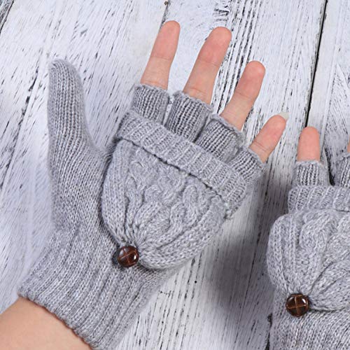 SOLUSTRE Women's Mittens Winter Mittens Warm Half Finger Gloves for Women, Flip Knitted Mittens Convertible Fingerless Gloves (Grey) White Mittens Ladies Mittens