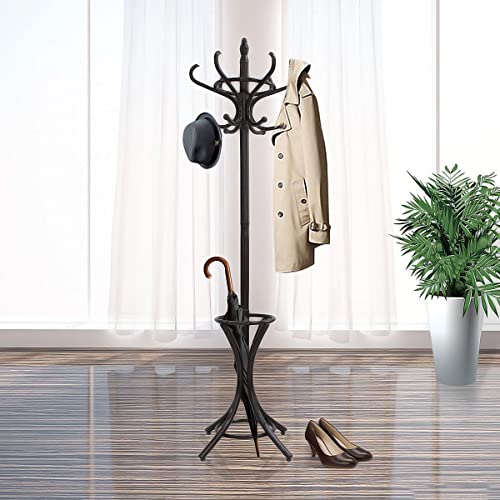 Coat Rack Stand Wooden Hat Clothes Umbrella Standing 12 Hooks Hanger Walnut Tree Walnut Brown