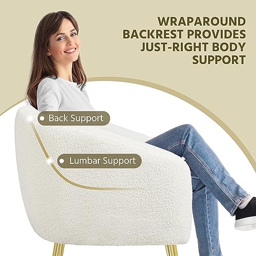 Yaheetech Sherpa Fabric Accent Chair, Modern Cozy Vanity Chair with Gold Metal Legs, Boucle Fabric Armchair with Removable Seat Cushion for Living Room Bedroom Office Guest Room, Ivory