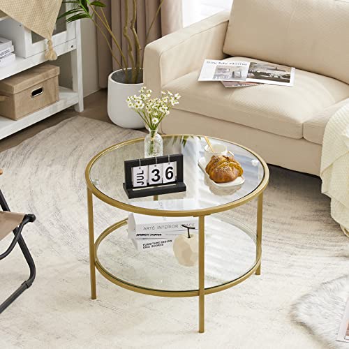 VINGLI Glass Coffee Table, 25.6" Round Champagne Gold Coffee Tables for Living Room, 2-Tier Glass Top Coffee Table with Storage Clear Coffee Table, Simple & Modern Center Table for Small Space