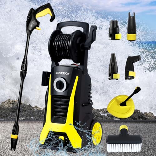 Bestsoon 3600PSI High Pressure Washer, 2200W Electric Power Washer with Spray Gun and Hose Reel, 8M Hose, 6 Nozzles, Brush Head/Rotary Floor Cleaner, Idear for Cleaning Cars, Patios