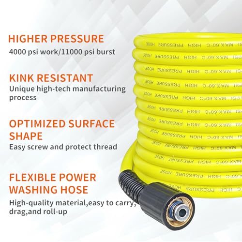 Kink Resistant Pressure Washer Hose 7m 1/4" M22 Brass Fitting Power Washer Hose Replacement for Ryobi, Troy Bilt, Greenworks, Craftsman Most Brand Power Washer, 3200 PSI