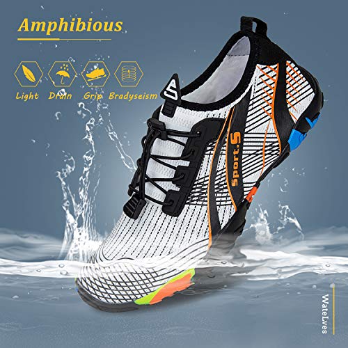Water Shoes Mens Womens Beach Swim Shoes Quick-Dry Aqua Socks Pool Shoes for Surf Yoga Water Aerobics (M-White/Orange, 38)
