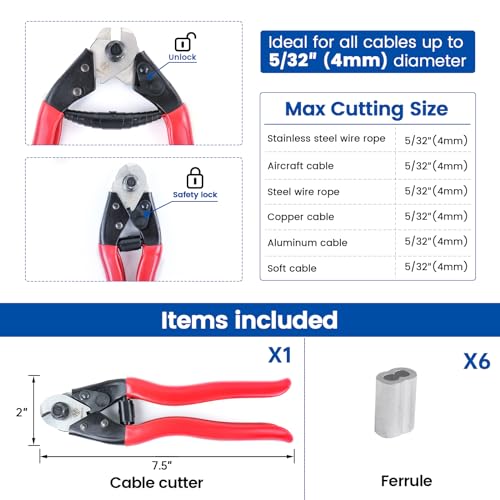 Muzata Steel Wire Cutter for both soft and hard steel cable or wire rope or spring wire+6Pcs 1/8" Cable Wire Ferrules As Gift CK10