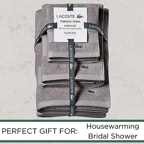 Lacoste Heritage Supima Cotton 6-Piece Towel Set, 2 Bath Towels, 2 Hand Towels, 2 Washcloths, Meteorite