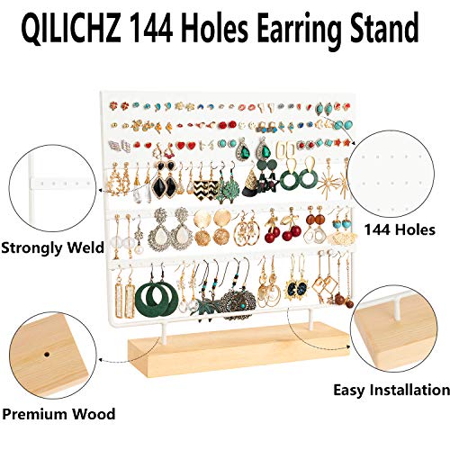 (White) - QILICHZ Earring Stand Holder Earring Organiser 144 Holes Ear Stud Holder Earrring Rack Decorative Jewellery Holder Rack Stand Display Rack with Wooden Tray/Dish for Earrings Display Home Use