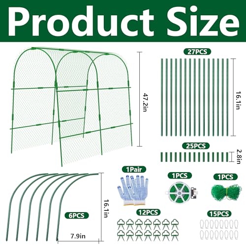 codree Garden Cucumber Trellis for Plant Climbing -47x 47 Inch Metal Arch Melon Trellis for Raised Bed -Foldable Garden Tunnel Trellis with Climbing Net Clips for Growing Vine Vegetable, 1.2m