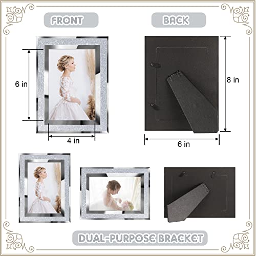 Queekay 4 Pack Glitter Picture Frame Crystal Picture Frame Wall Decor Mirror Picture Frames Decor for Graduate Wedding Home Table, Silver(4 x 6 Inch)