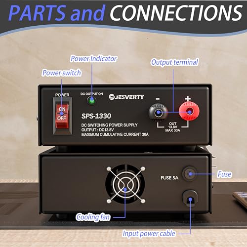 Universal Compact Bench Power Supply- 30 Amp Regulated Home Lab Benchtop AC-to-DC Converter 13.8 Volt, Cooling Fan, Screw Type Terminals - Jesverty SPS-1330