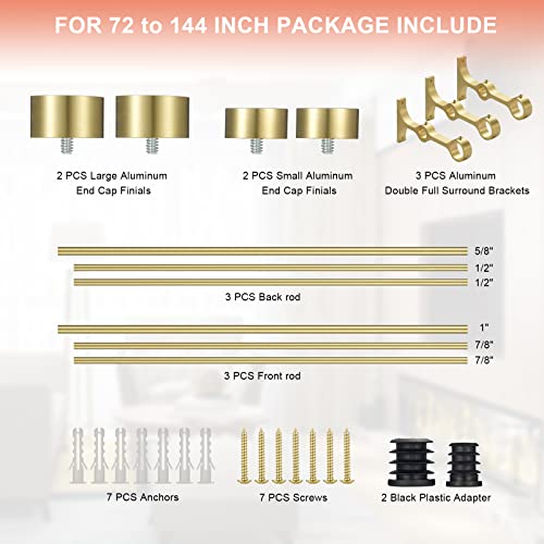 Lwiiom Double Curtain Rods with Aluminum End Cap and Full Surround Brackets,1"Front and 5/8" Back Rod,Adjustable between 72 to 144 Inches (6-12 Feet), Brass Double Window Drapery Rod