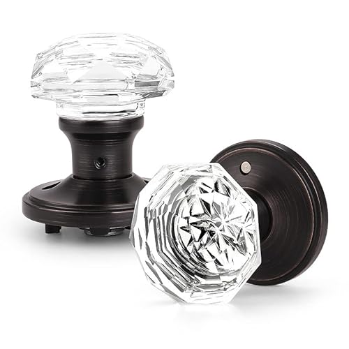 Orger 5 Pack Glass Door Knobs with Oil Rubbed Bronze Rosette, Bath/Bed Door Knobs for Privacy Use, Keyless Interior Door Handles with Diamond Shape Crystal Glass and Zinc Alloy Base