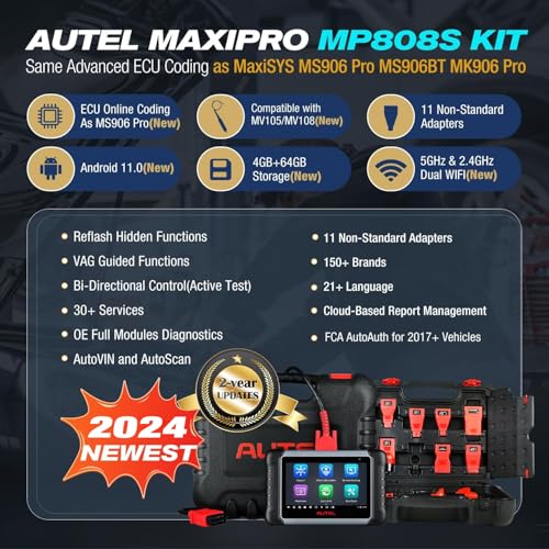 Autel MaxiPRO MP808S PRO Ver. w/ 11 OBD Adapters, 2-Year Free Update, 2024 Advanced ECU Coding Bidirectional Scan Tool, Same as MP900/ MS906S, Upgraded of DS708 DS808 MP808 30+ Service, Work w/ MV108S