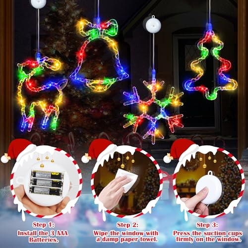 [Timer] 4 Pack Christmas Decorations Window Lights, Battery Operated Christmas Lights Reindeer Tree Jingle Bell Snowflake Window Lights with Suction Cup for Xmas New Year Decorations Indoor Outdoor