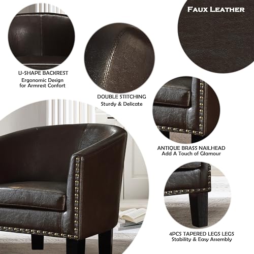 Rosevera Duilio Club Style Barrel Armchair for Living Room Faux Leather Accent Chair, Chocolate Brown