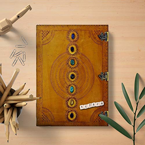 TUZECH Seven Chakra Medieval Stone Embossed Handmade Jumbo Leather Journal Book of Shadows Notebook Office Diary College Poetry Sketch (Yellow, 13 Inches)