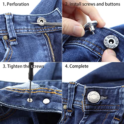 Ginojex 20 Sets Jeans Buttons Replacement Kit 17mm Metal Button No-Sew Detachable with Thread Rivets Screwdrivers Storage Box (Bronze, Silver)