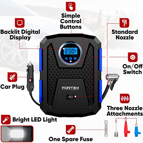 FORTEM Tyre Inflator Portable Air Compressor 150 PSI, Bike Pump, 12V Electric Air Pump for Car Tyres and Bicycles w/LED Light, Digital Tyre Pressure Gauge w/Auto Pump/Shut Off, Carrying Case (Blue)