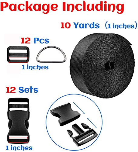 1 Inch Wide 10 Yards Black Nylon Heavy Webbing Strap+12 Set Plastic 1 Inch Flat Side Release Buckles and Tri-Glide Slides